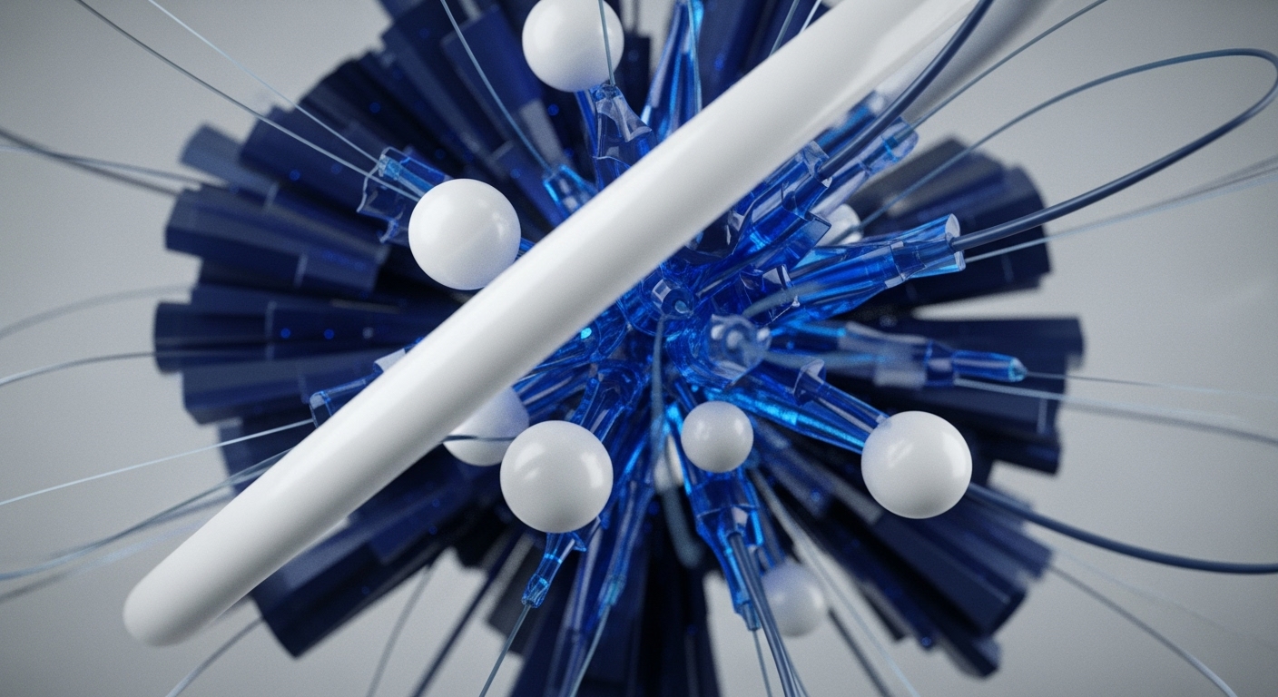 A visually striking abstract composition features a central, intricate cluster of translucent blue, spiky forms radiating outwards, encircled by multiple smooth white spheres. Thin, flexible lines extend from this core, some forming elegant loops, against a backdrop of darker blue, angular structures and a soft grey gradient