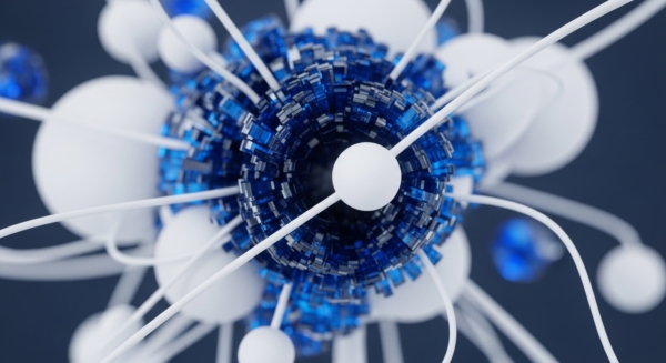 Abstract visualization of a blockchain network. A central blue core, composed of interconnected translucent blocks, suggests a distributed ledger or sharded data architecture. White spherical nodes, linked by pathways, represent validators or transaction channels facilitating secure data flow. This intricate structure emphasizes cryptographic integrity and consensus mechanisms within a decentralized ecosystem, reflecting advanced corporate crypto infrastructure.