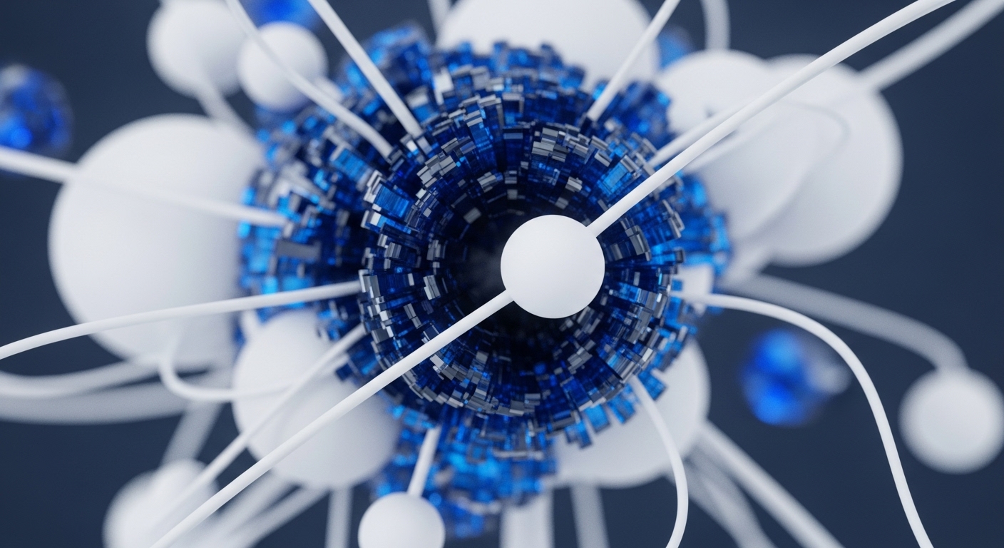 A striking abstract visualization features a dense central structure of numerous blue translucent blocks, surrounded by white spherical nodes connected by thin white lines. This intricate network conceptually illustrates a sharded blockchain architecture, where individual blocks represent data packets or transaction units within a distributed ledger