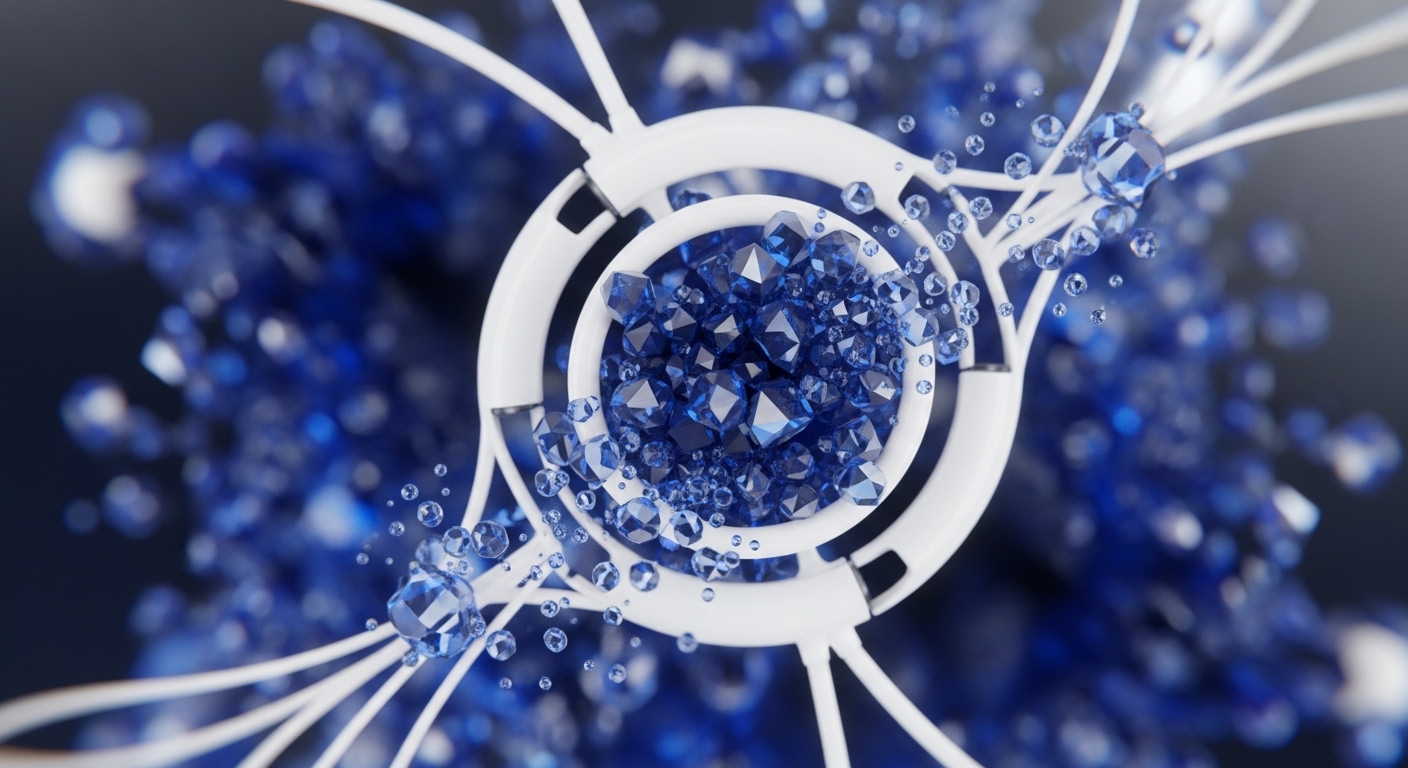 A central cluster of faceted blue crystals is surrounded by concentric white rings, with thin white tendrils extending outwards, interspersed with smaller blue crystalline elements and translucent spheres. This abstract visualization embodies the core principles of distributed ledger technology and cryptocurrency networks