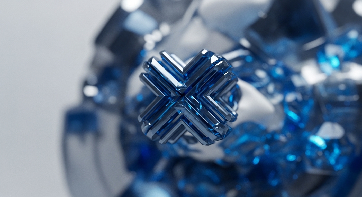 The image showcases a distinct, central, multifaceted blue crystalline structure, shaped like an 'X' or a complex node, sharply in focus. It is surrounded by a blurred array of reflective blue and silver geometric shapes, creating a sense of depth and vastness