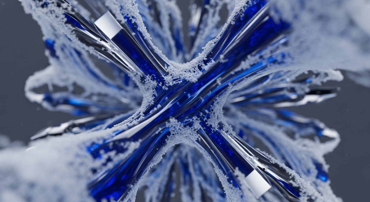A close-up view reveals an intricate, abstract structure composed of translucent blue, tubular elements that interweave and intersect. These elements are partially encrusted with a fine, granular white substance, resembling frost, highlighting their complex forms against a dark gray background