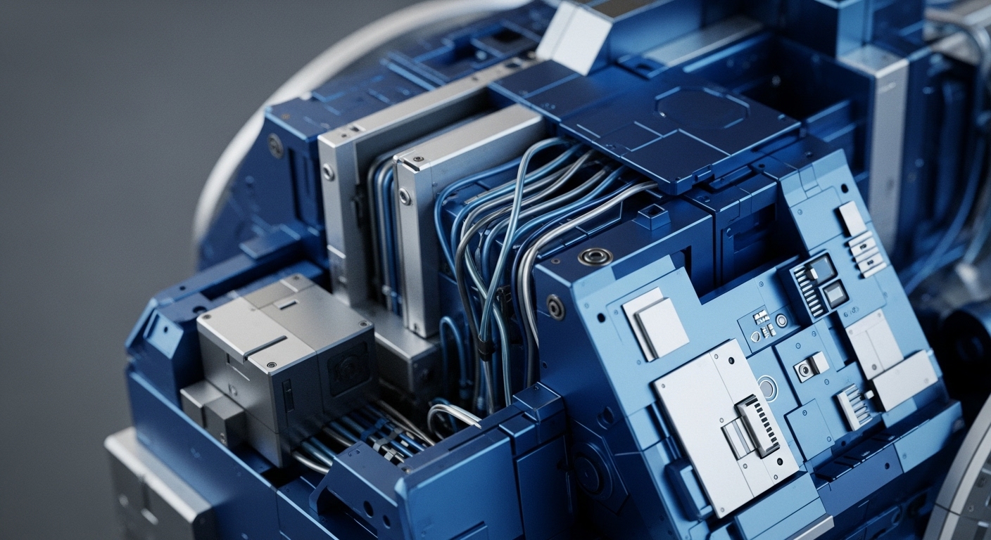 The detailed image showcases a complex assembly of metallic blue and silver modules interconnected by numerous cables. Various geometric panels with embedded circuitry elements and robust fasteners are visible, emphasizing intricate hardware design
