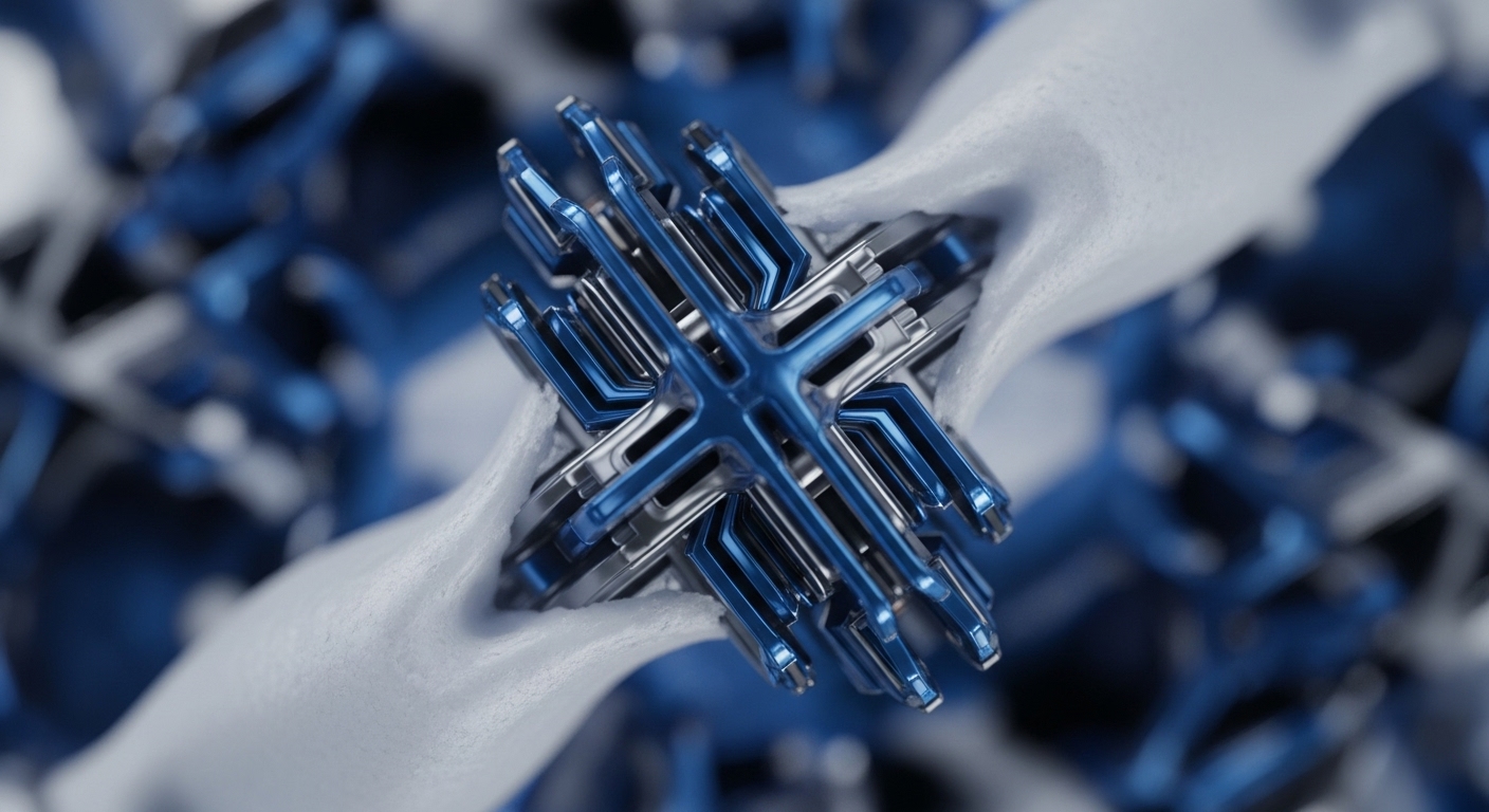 The image presents a detailed, abstract view of a complex geometric structure, composed of shiny blue and silver metallic components arranged in a symmetrical, interlocking pattern. This central mechanism is partially surrounded and integrated with soft, textured white material, against a blurred background of similar blue elements