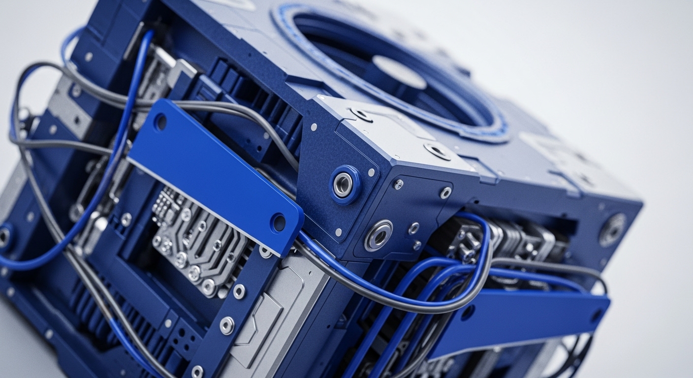 A detailed, close-up view reveals a complex, cube-shaped machine constructed from dark blue and metallic silver components. Numerous grey and bright blue wires connect various intricate sections, highlighting exposed circuit boards and robust mechanical fastenings