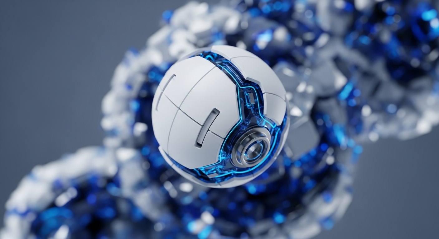 A detailed, futuristic orb, predominantly white with striking blue luminous accents and a central metallic lens, floats centrally. This object embodies a key element of distributed ledger technology, such as a consensus mechanism participant or a cryptographic enclave