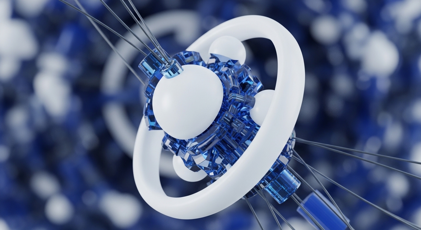 The image displays a complex, abstract geometric structure centered around a prominent white ring. Inside this ring, numerous translucent blue cubic blocks and several smooth white spheres are intricately arranged, interconnected by thin grey wires that extend outwards