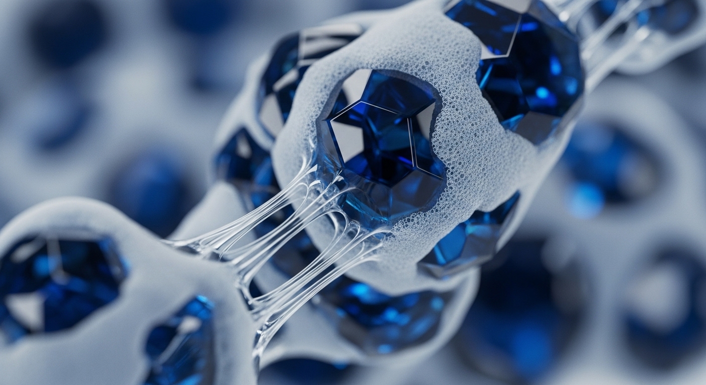 Intensely blue, faceted geometric forms, resembling digital asset blocks, are partially enveloped by a textured, white, foamy substance. Delicate, translucent filaments stretch between these units, creating a visually intricate and interconnected network