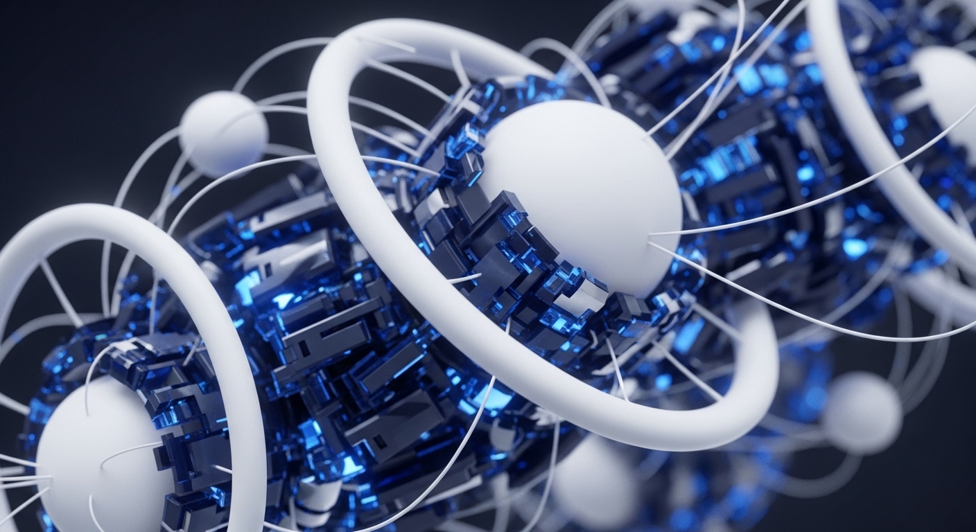 A sequence of interconnected white spheres forms the central focus, each surrounded by a dense, intricate arrangement of dark, angular elements emanating electric blue light. These structures are further enveloped and linked by smooth white rings and thin, delicate lines, creating a sense of complex, organized flow