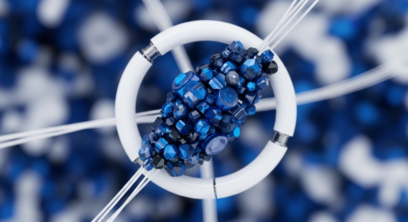 A central aggregation of faceted, deep blue crystalline forms, reminiscent of digital nodes, is encircled by a bright white, segmented ring. Thin white filaments radiate outwards, symbolizing network pathways and data transmission