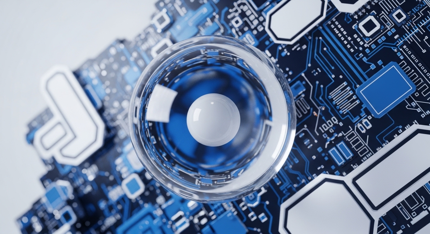 A white, spherical nucleus with internal blue accents is encased in a clear, spherical membrane, set against a backdrop of intricate blue and black circuitry. This visual metaphor encapsulates the foundational elements of decentralized finance and blockchain technology