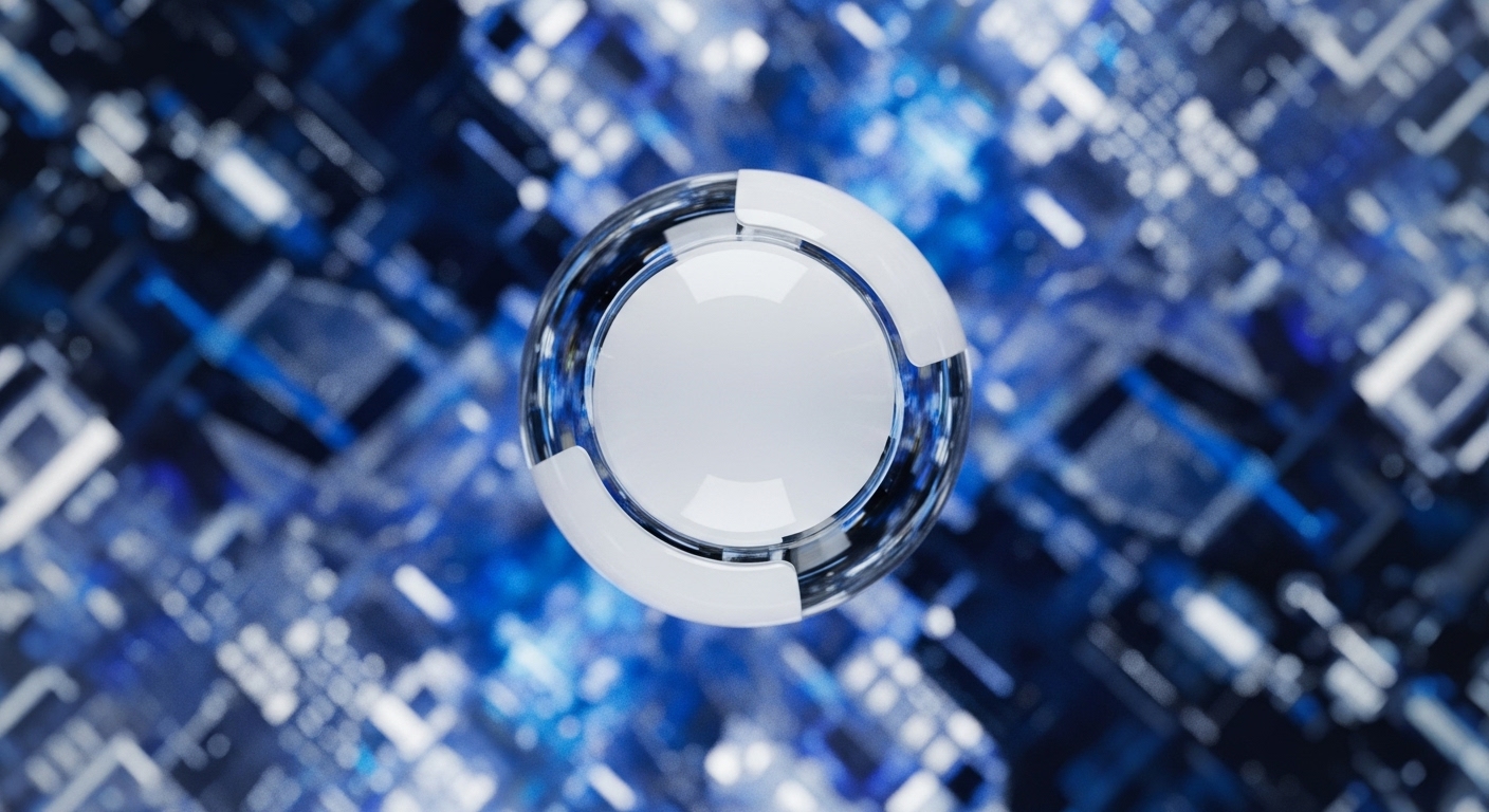 A luminous, semi-transparent orb with a bright white interior rests at the center, set against a deeply blurred, electric blue background filled with complex digital circuitry. This composition visually encapsulates the essence of decentralized finance DeFi and the underlying blockchain technology
