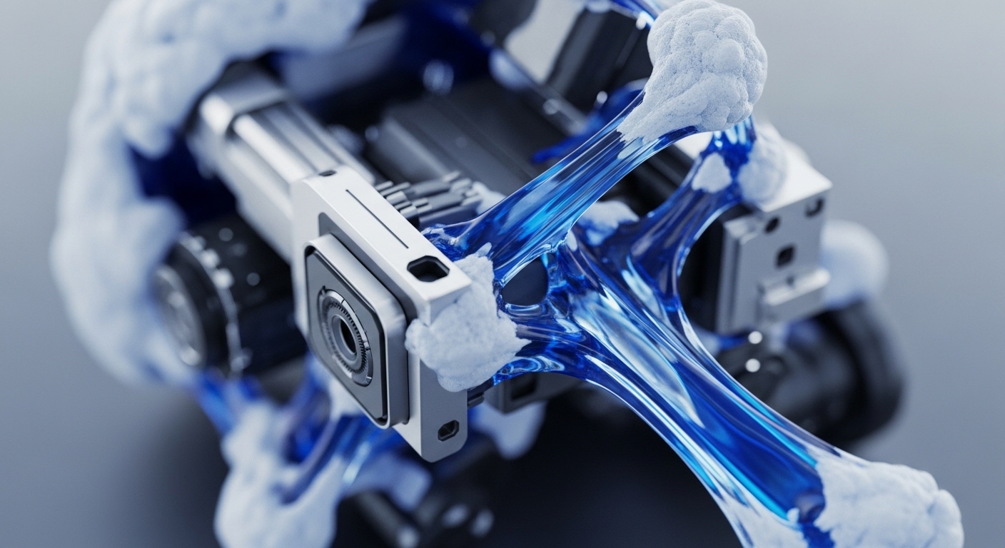A futuristic, intricate mechanical assembly features a central optical sensor, flanked by precise metallic structures. Translucent blue viscous material stretches dynamically, forming connective tissue between components, while white particulate matter adheres to surfaces, creating a textured interface