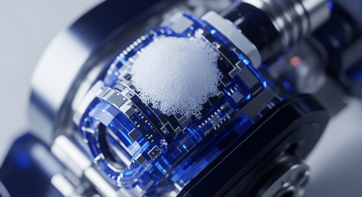 A translucent blue computational substrate, intricately patterned with metallic nodes, hosts a delicate accumulation of white micro-bubbles. This visual metaphor vividly depicts the complex internal workings of a decentralized ledger system, highlighting the granular processing of information