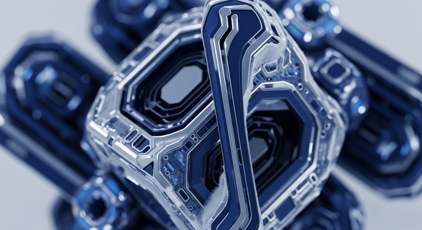 The image presents a highly detailed, close-up view of intricate, metallic blue and silver geometric structures, appearing frosted in certain areas. A prominent, elongated element extends diagonally across the foreground, showcasing similar complex patterns and textures