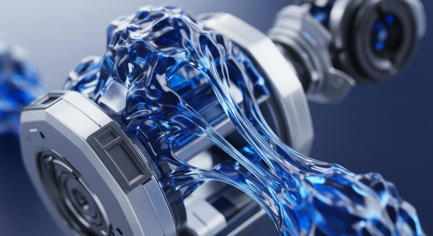 A futuristic, silver-grey metallic mechanism guides a vivid blue, translucent substance through intricate internal channels. The fluid appears to flow dynamically, contained within the sleek, high-tech structure against a deep blue background