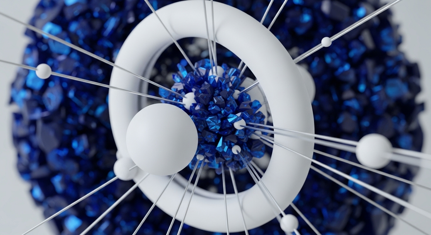 A central cluster of fragmented, deep blue, reflective crystalline forms is encased by a smooth, white toroidal ring. Numerous slender, metallic rods extend from the blue core, piercing the white ring, some adorned with small white spheres