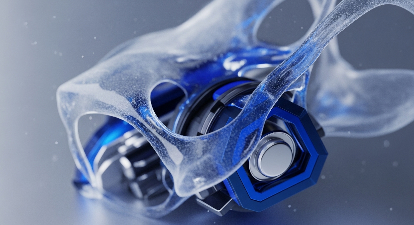 A visually striking abstract composition features a translucent, organic-shaped structure, subtly illuminated and dusted with fine particles, enclosing complex mechanical elements. Inside, vibrant blue and polished silver components, including gears, shafts, and a distinct hexagonal mechanism, are precisely arranged, suggesting intricate functionality