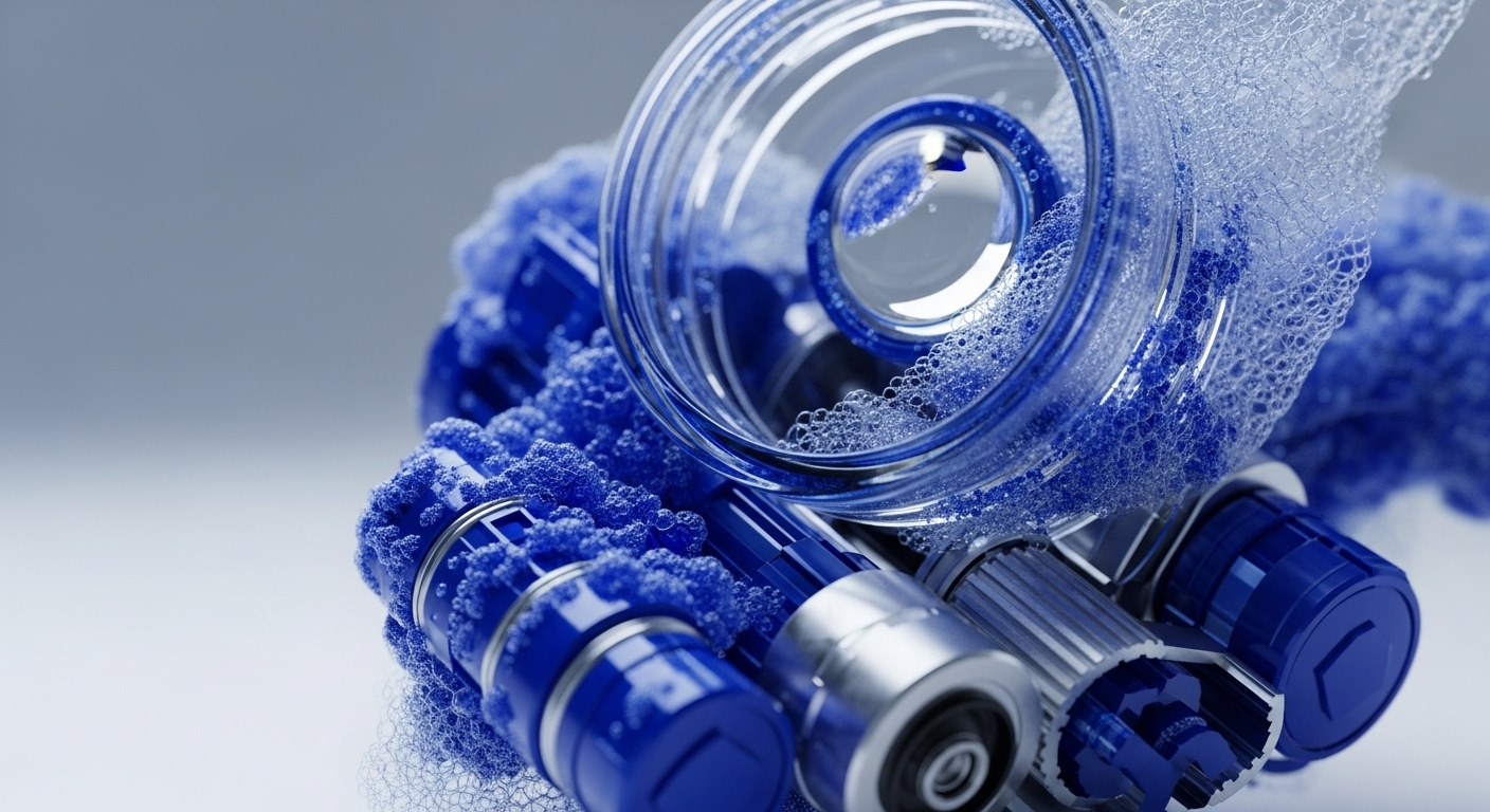 A detailed close-up reveals an advanced, interconnected mechanism composed of transparent cylindrical structures and deep blue components, adorned with effervescent bubbles. The interplay of light and shadow on the reflective surfaces highlights the intricate engineering and dynamic state