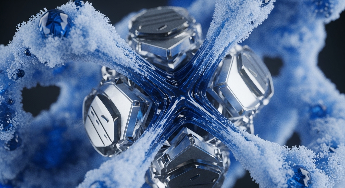 A striking close-up reveals a central metallic, modular structure with four transparent blue arms extending in an 'X' shape. These arms are encrusted with fine, light blue granular particles, flowing outwards from the core into a broader, frosted blue background