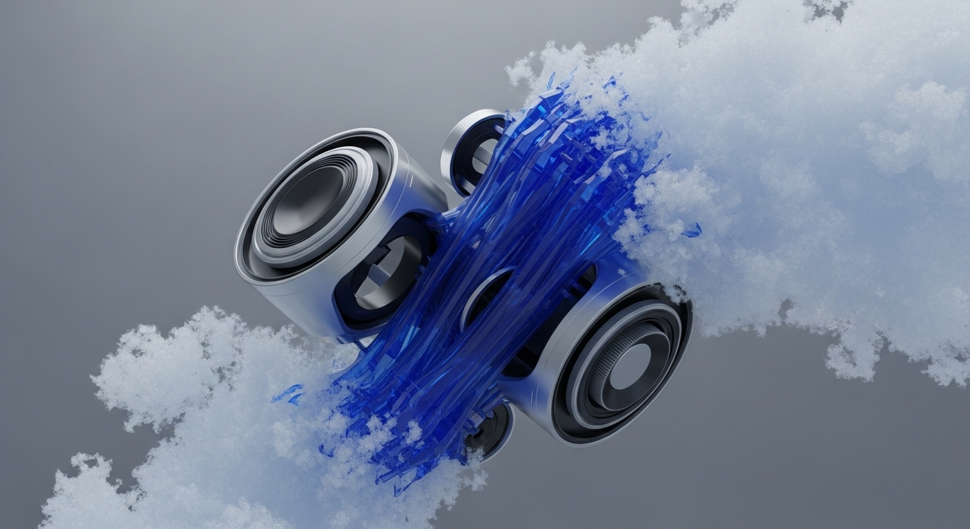 A metallic, modular object with prominent circular components is central, emitting vibrant blue translucent streams that interact with white cloud-like formations against a minimalist grey background. This dynamic visual metaphorically represents a high-performance blockchain engine facilitating rapid block propagation and transaction throughput