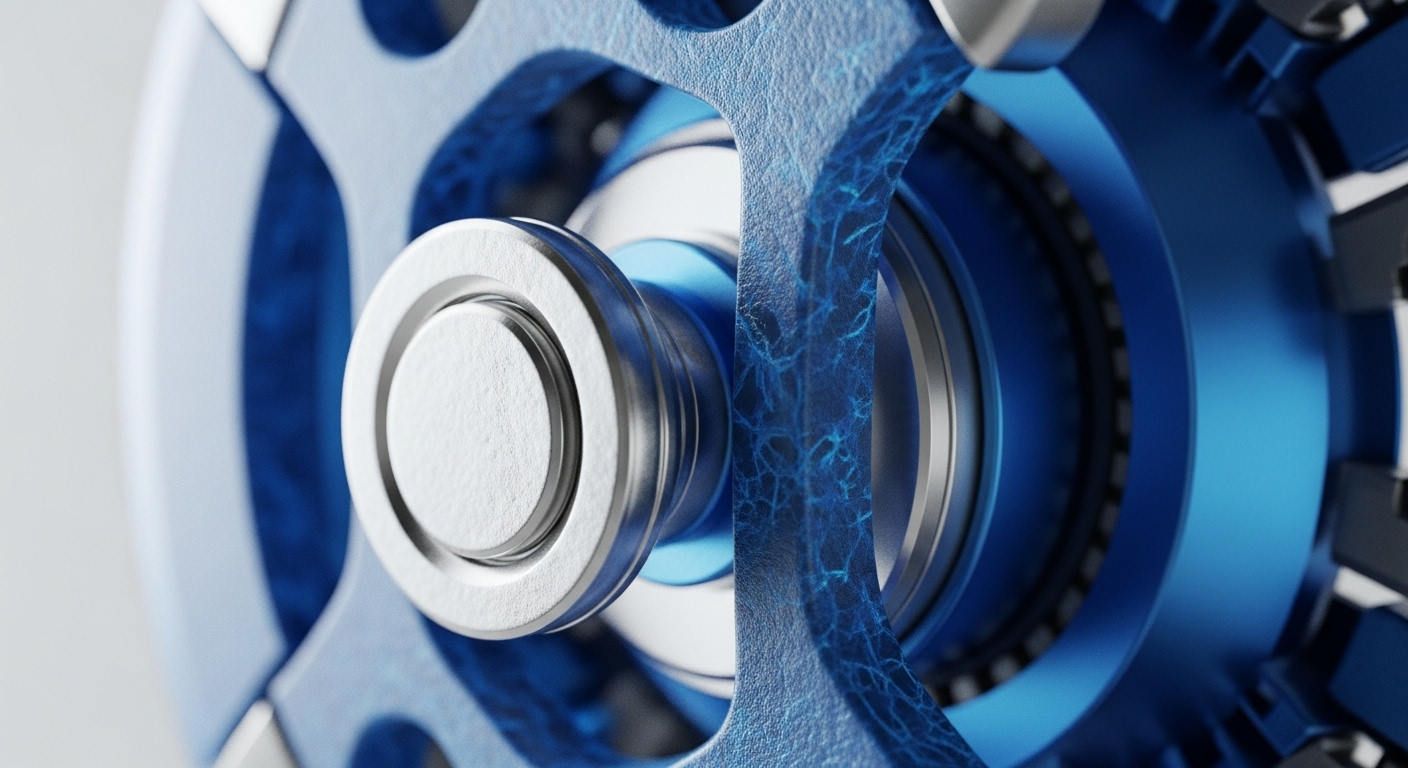A detailed close-up displays a sophisticated blue and silver mechanical component, featuring a central metallic cylinder and an intricately textured blue frame. The blue element exhibits a distinct web-like pattern, suggesting internal pathways or a complex network structure