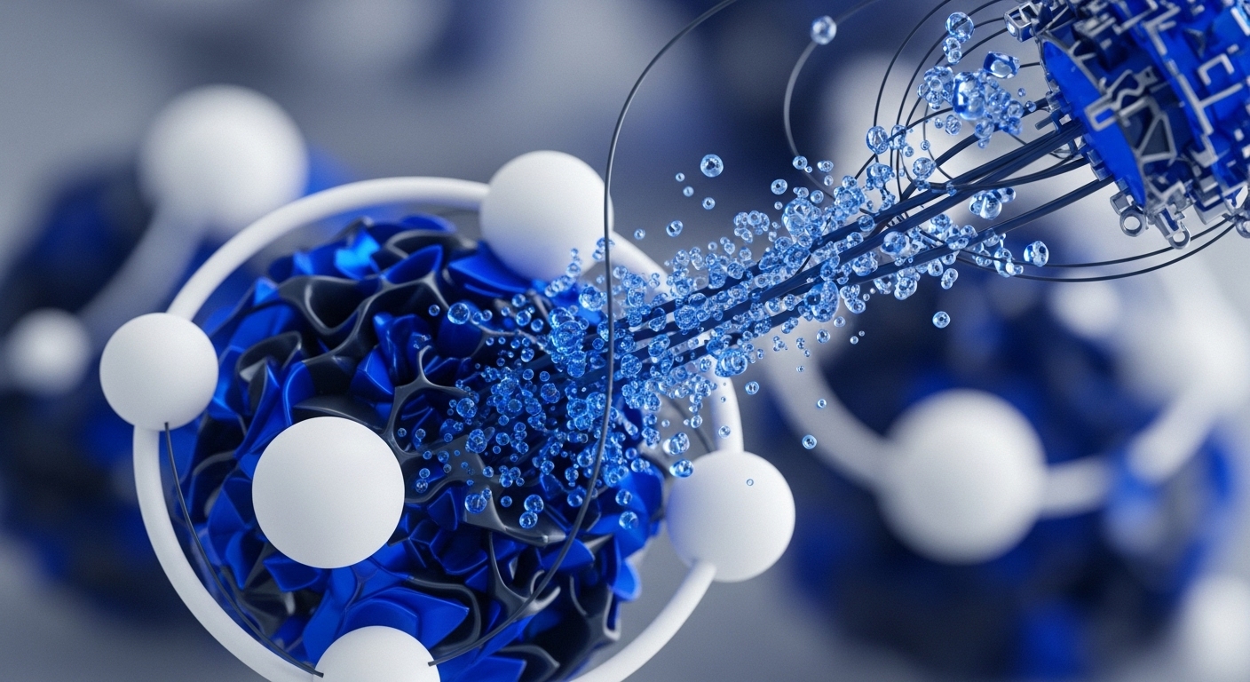 An abstract, high-resolution visualization features intricate blue and white structures, depicting a complex digital process. Luminous blue particles stream along fine dark wires, connecting various spherical and geometric components within a sophisticated network