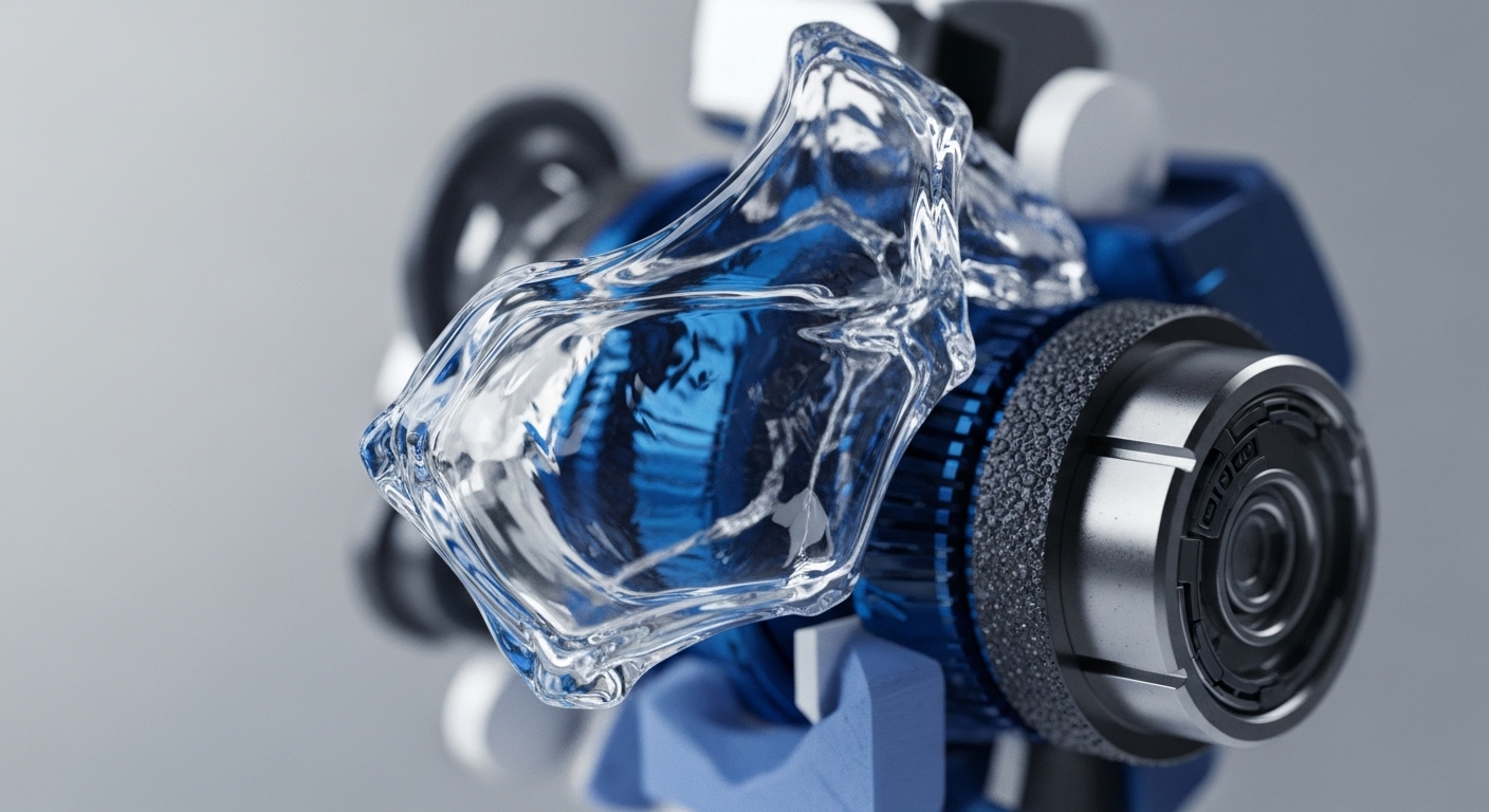 A transparent, fluid-like element, dynamically shaped, dominates the foreground, refracting a detailed blue and grey mechanical assembly. This intricate apparatus features textured surfaces, metallic components, and precise circular elements, suggesting advanced engineering
