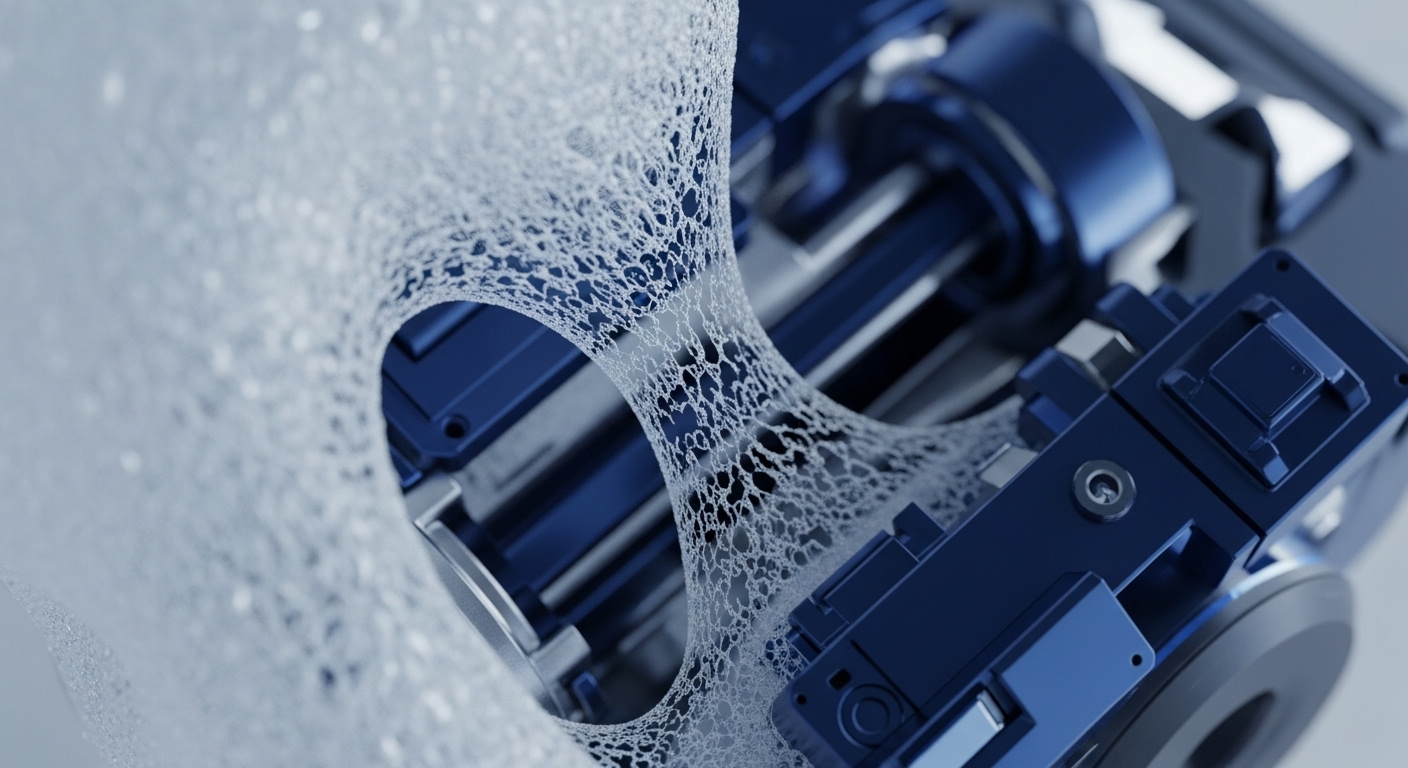 A close-up view reveals dark blue, precisely engineered mechanical components intertwined with a fine, translucent white web-like structure. This intricate network appears stretched between various parts of the robust machinery, creating a visually compelling connection