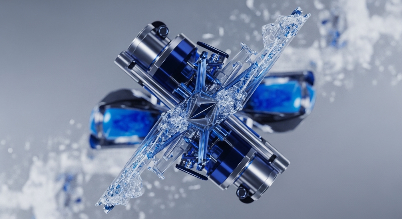 A complex, metallic and transparent apparatus, featuring bright blue internal elements, is centrally positioned against a soft grey background, surrounded by dynamic splashes of clear liquid. The intricate design showcases precise engineering with fluid dynamics