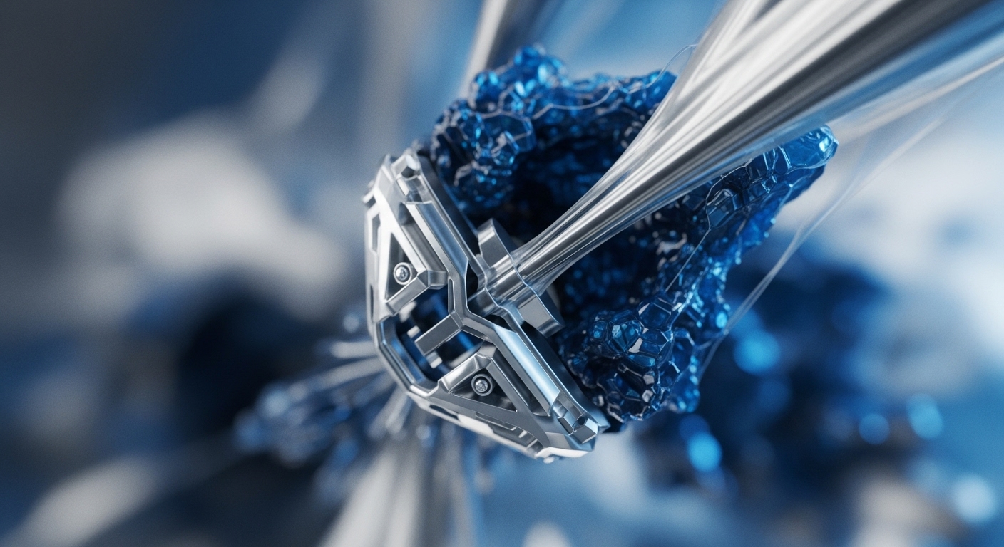 A sophisticated metallic framework interfaces with a vibrant blue crystalline mass, connected by sleek, reflective conduits. This intricate central mechanism, evocative of a validator node or a complex smart contract architecture, securely integrates with the amorphous blue crystalline structure