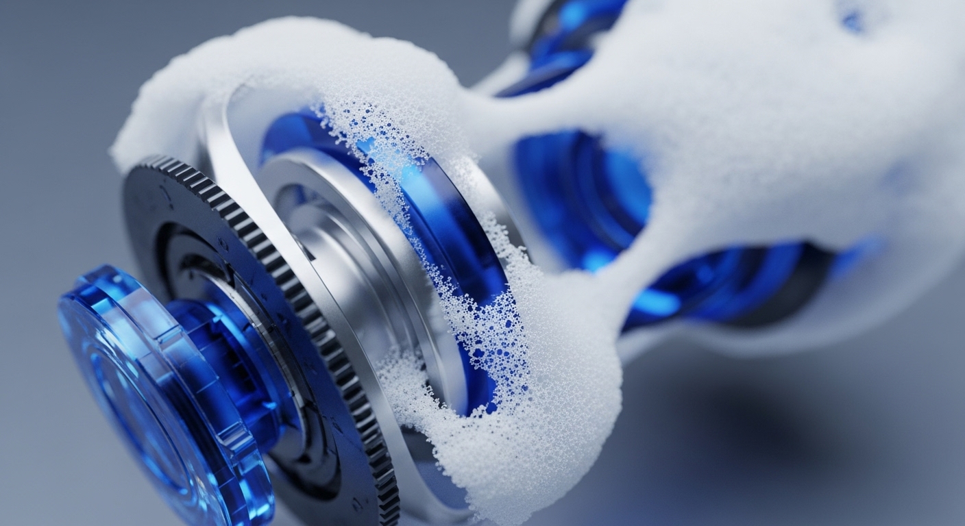A detailed view showcases precision-engineered metallic and luminous blue components, interacting with a vibrant white foamy substance. The composition highlights intricate gears and internal workings, emphasizing a sophisticated operational process