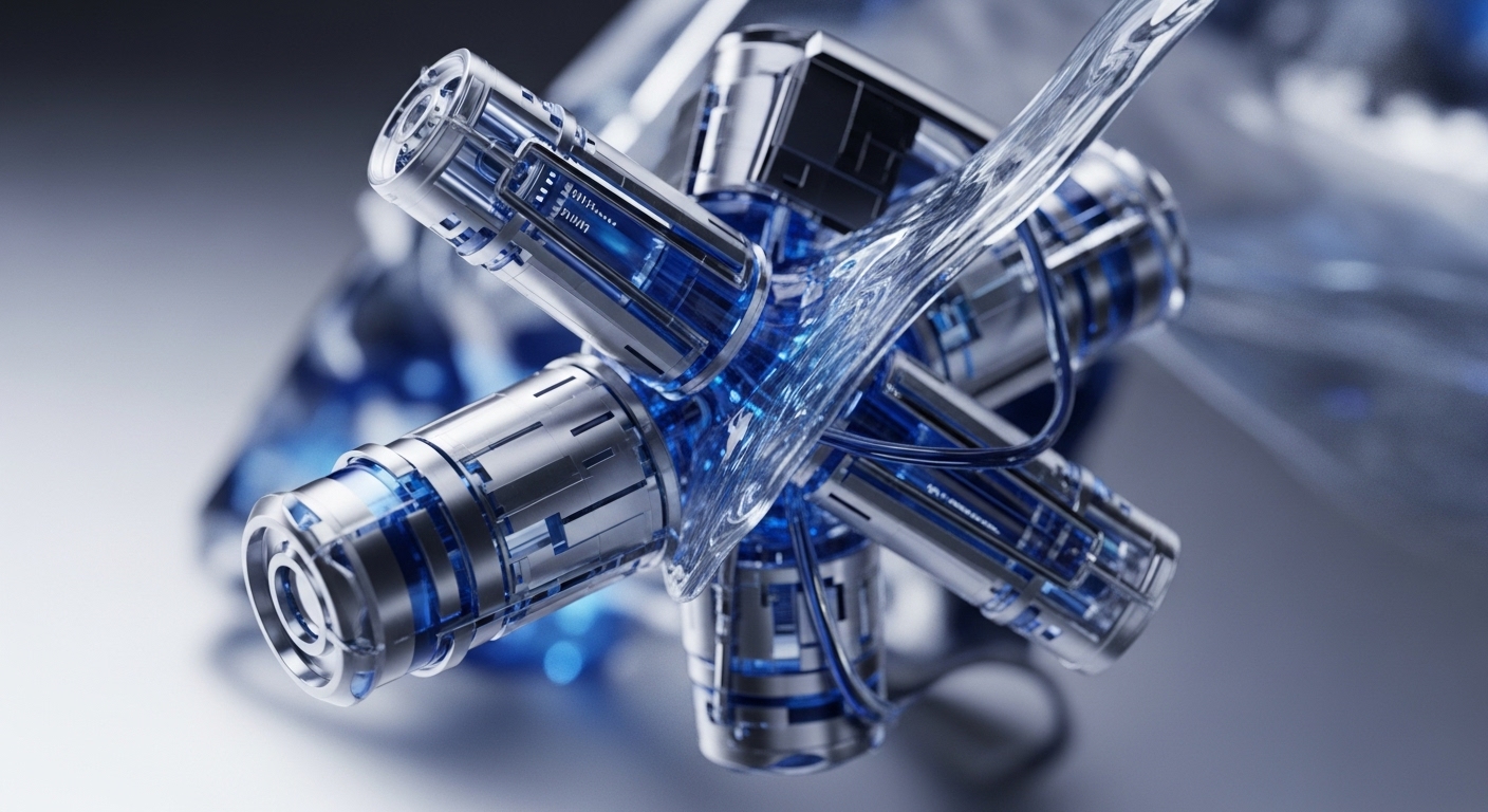 The image displays an intricate arrangement of metallic and transparent cylindrical modules, internally illuminated with vibrant blue light, suggesting active computational processes. A clear liquid substance flows dynamically through the interconnected structure, symbolizing efficient data transfer and processing