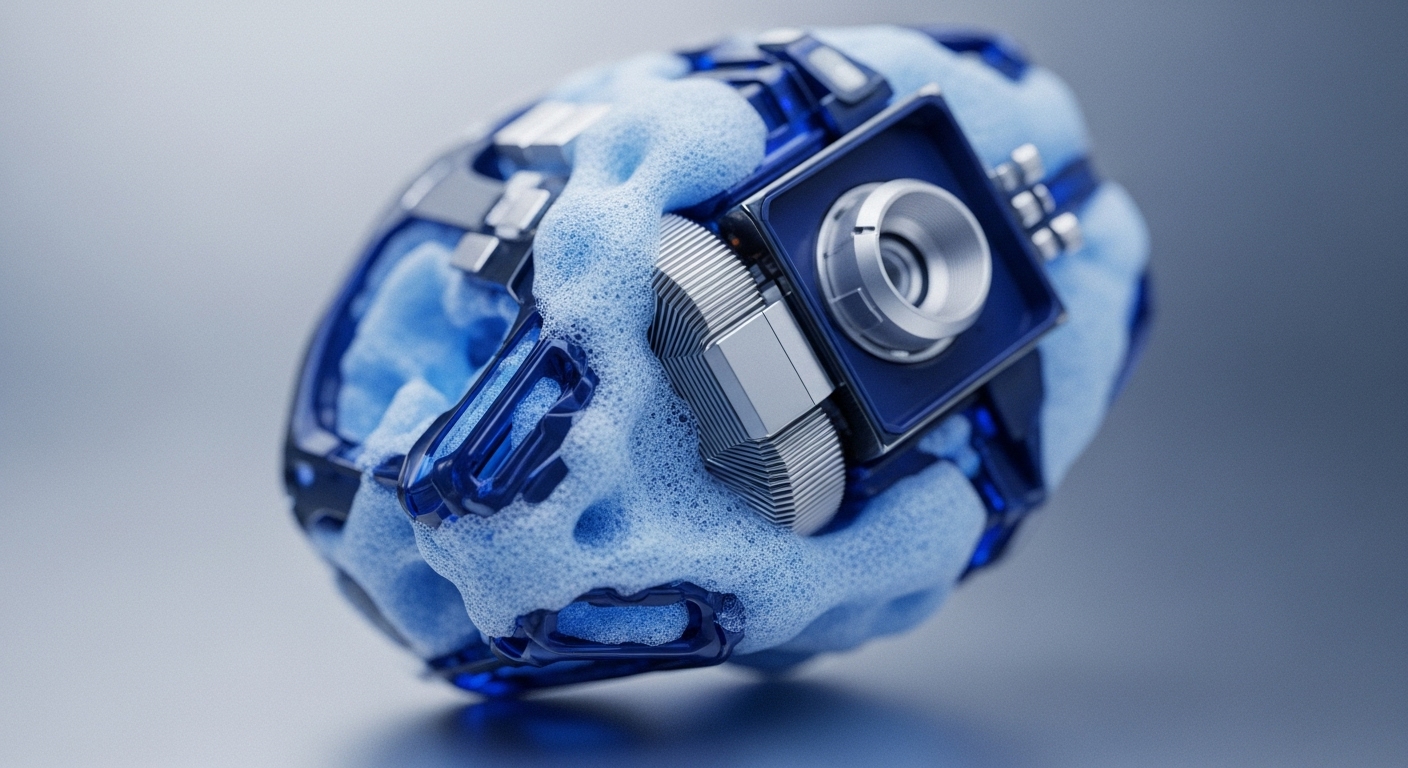 An abstract, futuristic construct displays a dynamic interplay between rigid, translucent blue and metallic silver mechanical elements, and a soft, porous, light blue foamy material. A central dark blue square component features a finely ridged silver cylindrical part, resembling a sophisticated lens or dial, suggesting precision engineering vital for data oracle integration