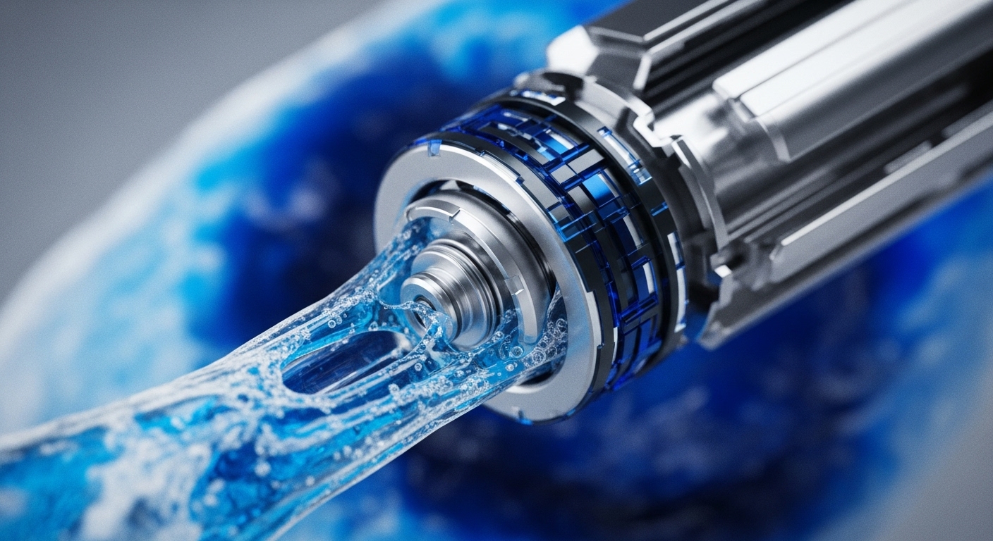 A sleek, futuristic metallic device with glowing blue elements ejects a dynamic stream of blue liquid, filled with fine bubbles, against a blurred blue and grey background. This advanced mechanism visually interprets a high-performance blockchain validator node, actively processing a high volume of transactions and executing complex smart contracts