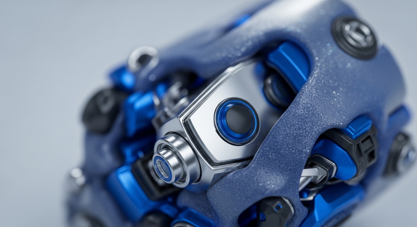 A close-up view highlights a complex mechanical module, predominantly in deep blue and polished silver, with intricate internal components. The textured blue casing contrasts with the highly reflective metallic parts, featuring various circular and interlocking elements