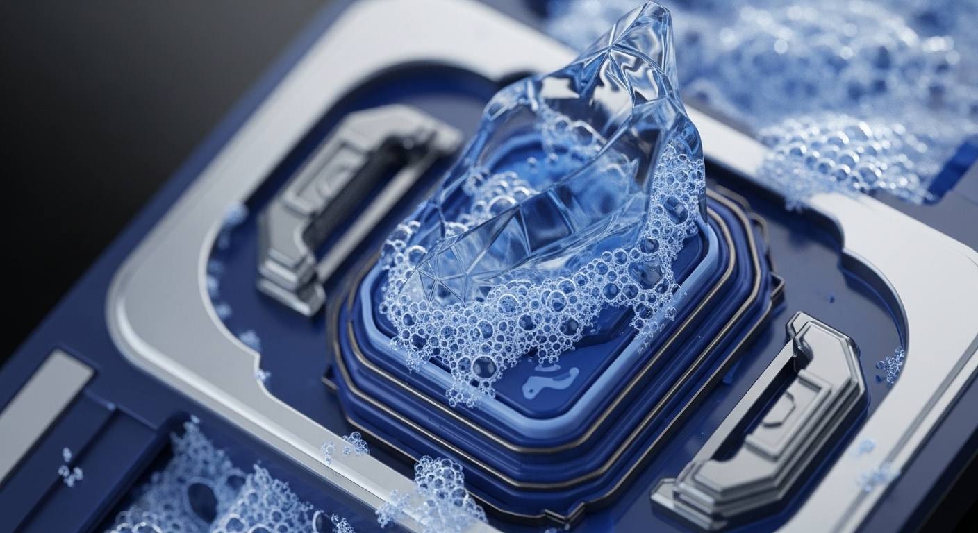 A close-up view presents a futuristic blue and silver device, featuring a prominent clear, faceted crystalline object surrounded by numerous small bubbles, set within an intricate metallic framework. The detailed composition highlights textured surfaces and reflective elements, conveying a sense of advanced technology