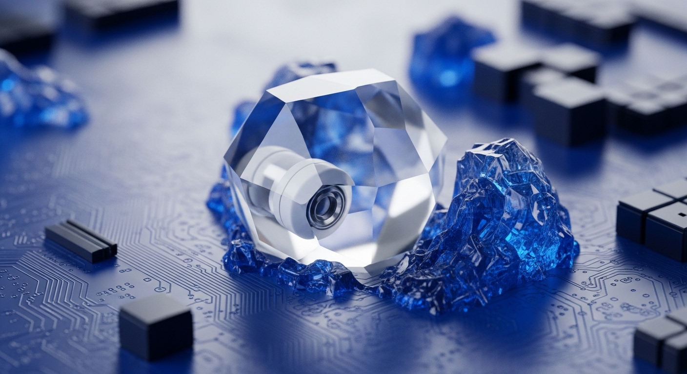 A faceted crystal, containing a camera lens, is nestled amongst sharp, blue crystalline structures atop a detailed circuit board. This composition powerfully illustrates the security mechanisms inherent in blockchain and cryptocurrency networks