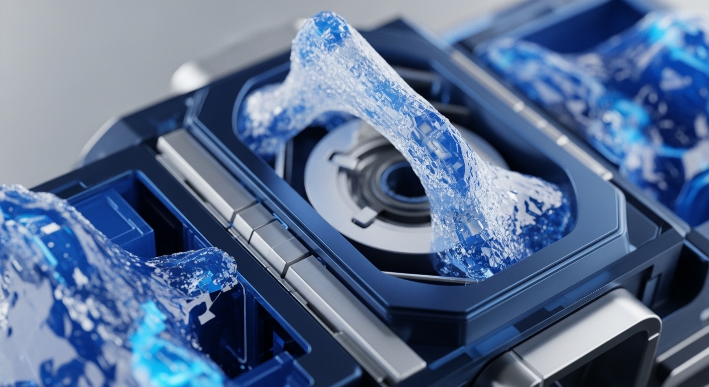 The image showcases a detailed view of luminous blue crystalline forms, appearing as fractured data units, meticulously housed within a sleek dark blue and silver mechanical framework. These crystalline structures, perhaps digital asset representations or immutable ledger entries, are centrally positioned within a specialized processing chamber