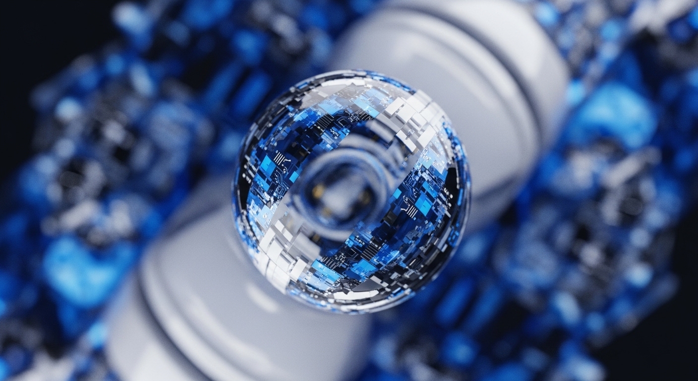 A highly detailed, transparent sphere showcases complex, illuminated circuit board patterns in shades of blue and white. This orb serves as a visual metaphor for a decentralized cryptographic ledger, embodying concepts like a genesis block or a secure enclave for digital asset management