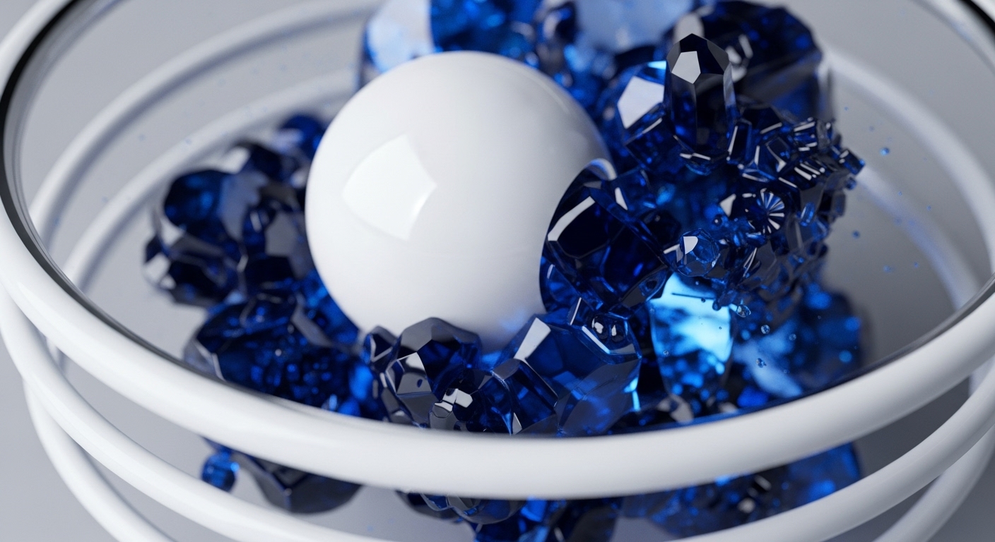 A pristine white sphere rests amidst an array of deep blue, multifaceted crystalline forms, some appearing to fragment and splash dynamically. These elements are encircled by several smooth, white concentric rings, all set against a neutral grey background