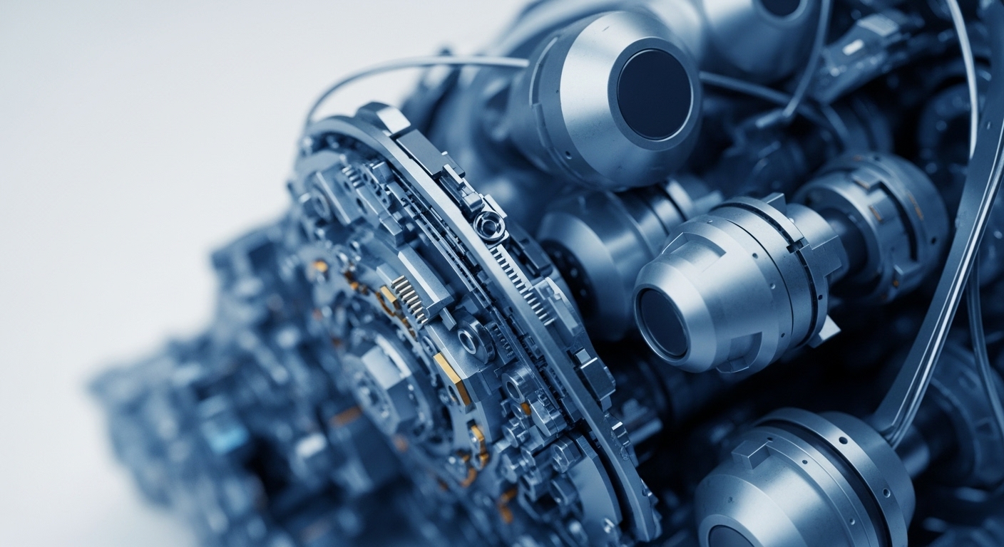 The image displays a detailed, close-up view of a sophisticated mechanical assembly with interlocking gears and metallic cylinders rendered in cool silver and blue tones. This intricate design symbolizes the complex architecture and operational mechanisms fundamental to blockchain technology and decentralized finance DeFi