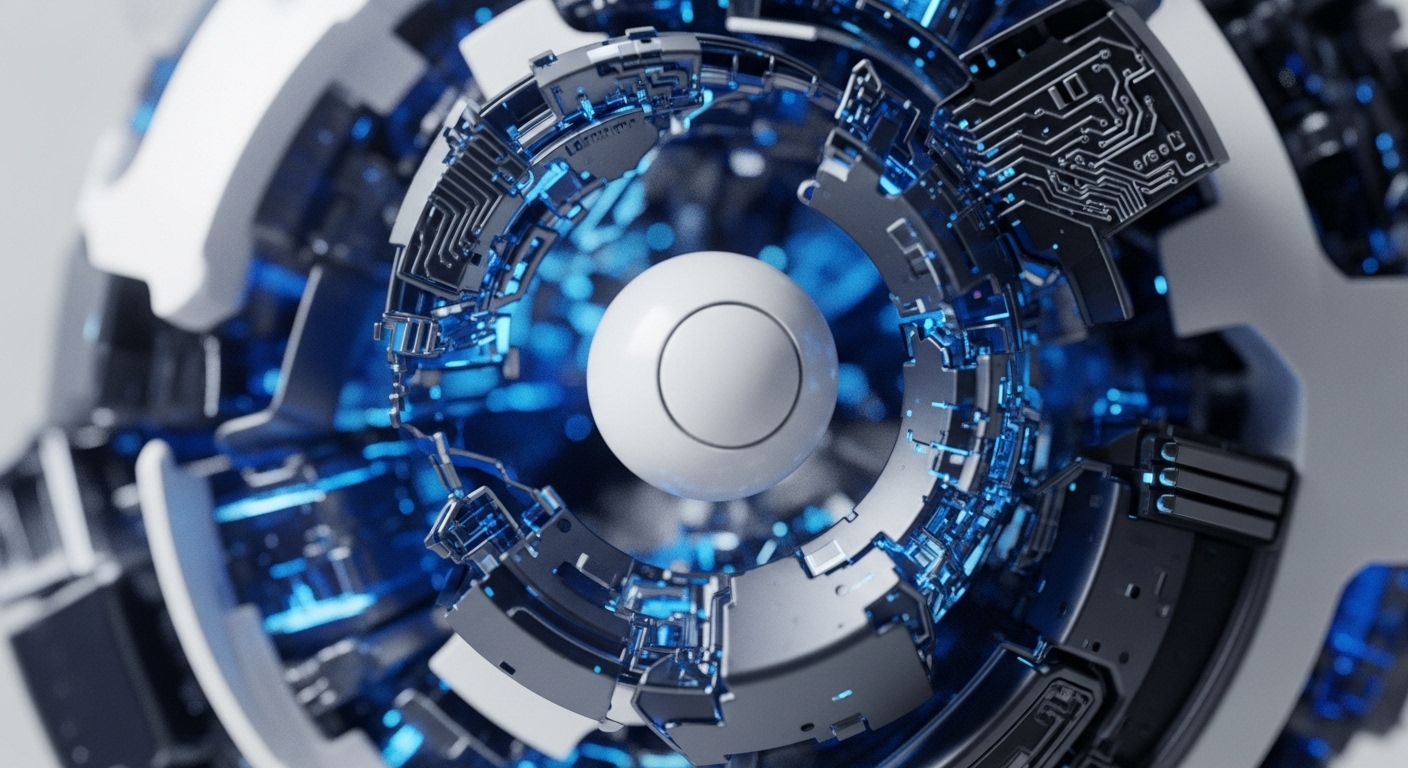 A pristine white sphere sits at the core, encircled by a dynamic, multi-tiered framework of metallic components. These outer layers are adorned with intricate, illuminated blue circuitry, reminiscent of advanced technological infrastructure