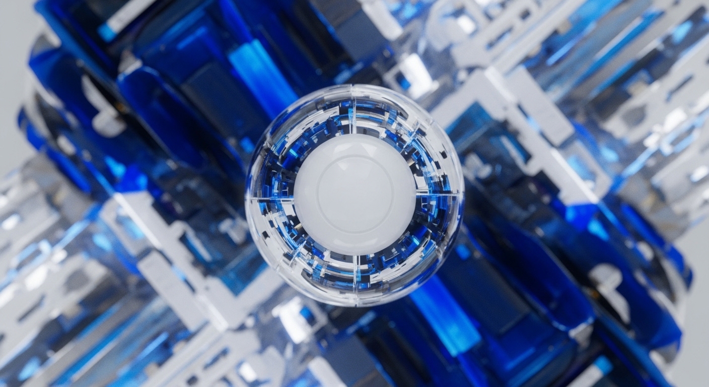 A luminous white orb resides at the center, enclosed by a transparent, geometric shell that refracts vibrant electric blue and metallic silver hues. This central element is integrated into an expansive, abstract network of interconnected, crystalline formations, visually representing the foundational architecture of distributed ledger technology