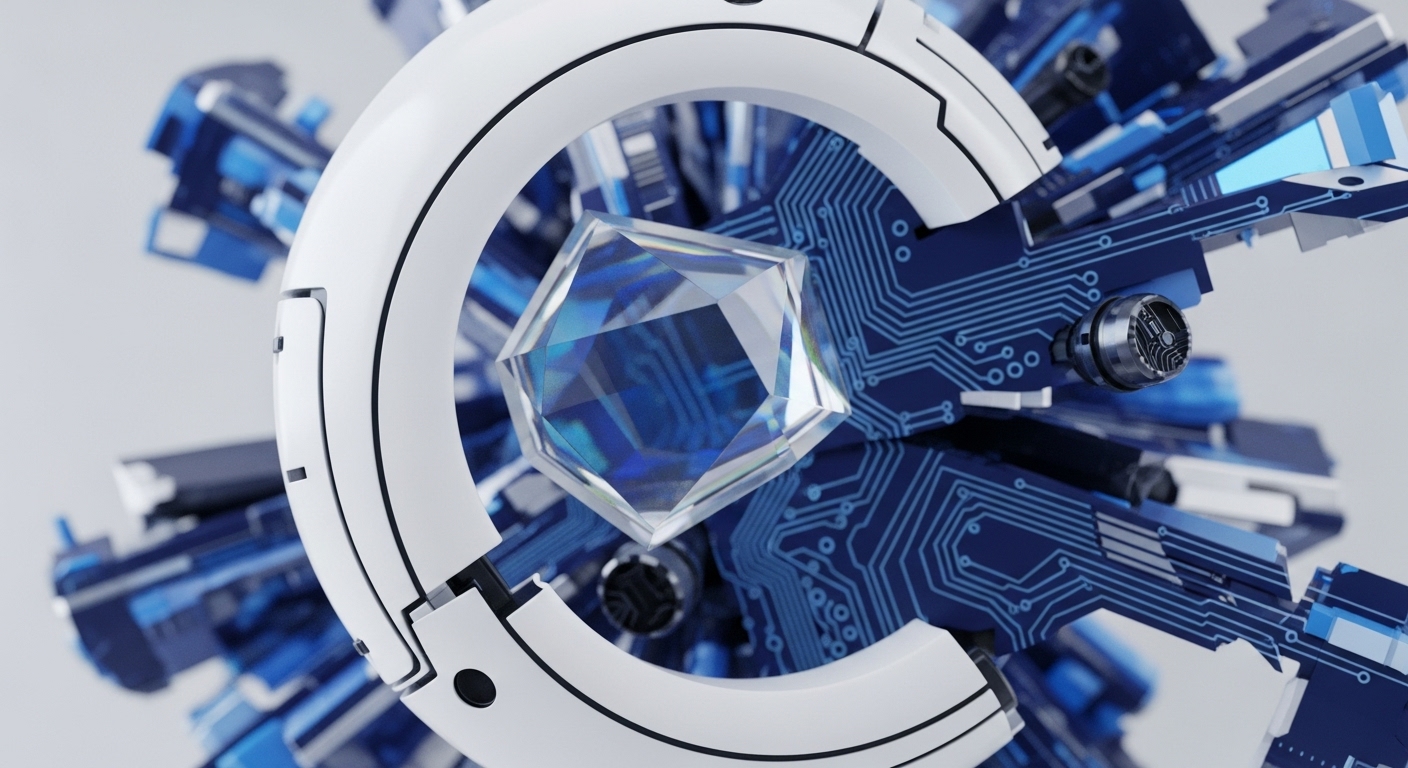 A luminous, multi-faceted crystal, akin to a precious gem, anchors the center of an elaborate, abstract cybernetic formation. Surrounding it are intricate blue printed circuit board patterns interwoven with stark white, circular segments, hinting at advanced computational frameworks