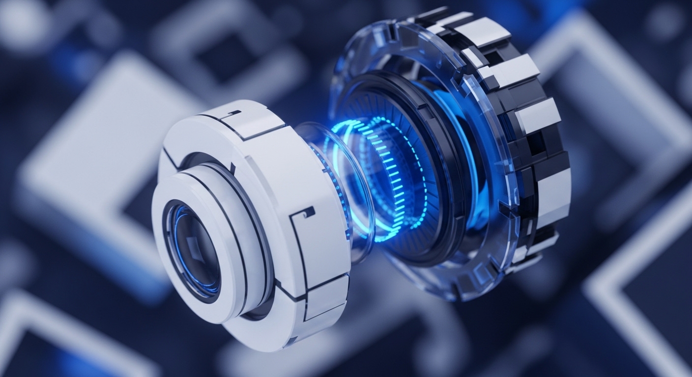 A luminous blue energy pulsates from the center of a sophisticated, multi-component device, rendered in a futuristic, abstract style. White and metallic segments interlock, suggesting intricate machinery at work, potentially symbolizing a core blockchain protocol or a decentralized application's operational hub