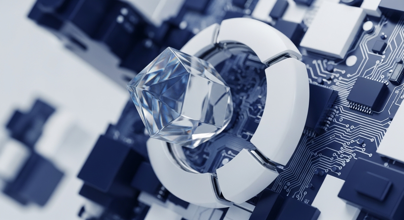A gleaming, faceted crystal, akin to a diamond, is suspended within an abstract technological construct. This construct features detailed circuit board traces, integrated chips, and interlocking geometric blocks in shades of deep blue and white