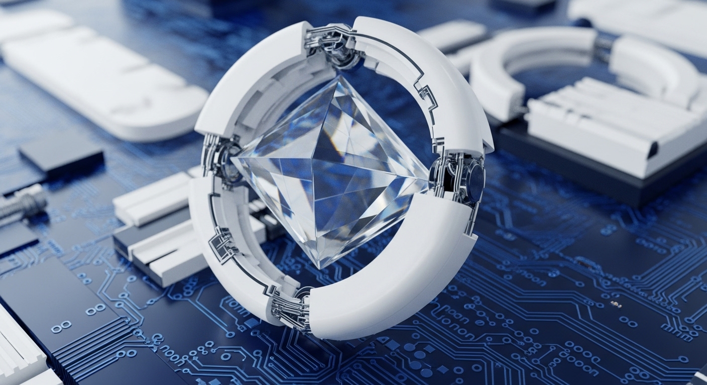 A luminous, precisely cut diamond, symbolizing a fundamental cryptographic unit, is held by a sleek, white robotic mechanism. This assembly is positioned on a vibrant blue printed circuit board, evoking the synergy between advanced technology and digital assets