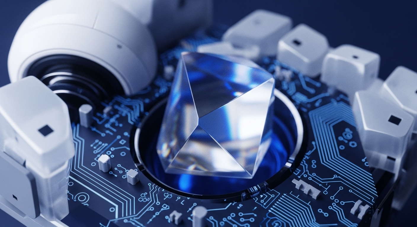 A sharp, geometric crystal, shimmering with internal reflections, rests at the heart of an advanced technological apparatus. This apparatus features a detailed circuit board with glowing blue traces and robotic manipulators, evoking the intricate architecture of blockchain networks