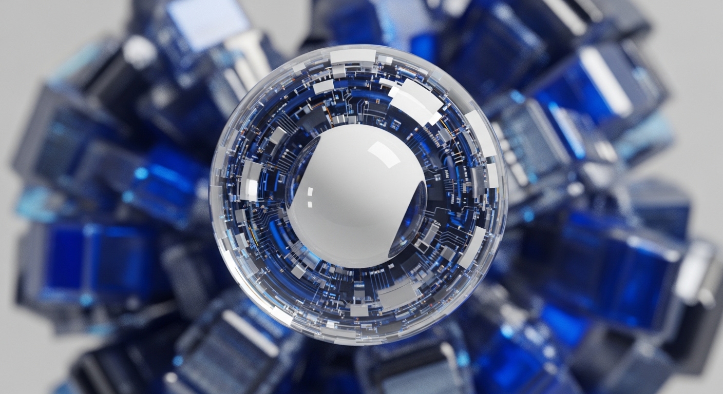 A central white sphere is enclosed by a detailed, transparent sphere adorned with circuitry and blue light, reminiscent of a secure data packet or node. Surrounding this core are numerous translucent blue cubes, forming a dynamic, almost crystalline structure that implies a distributed network